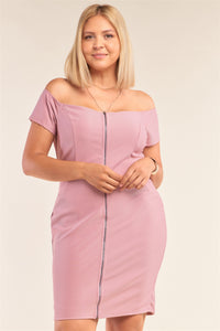 Plus Size Lovely Ladies 60% Nylon 35% Rayon 5% Spandex Fitted Off-The-Shoulder Front Zipper Bodycon Mini Dress (Blush)