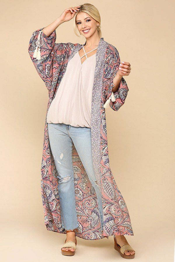 Mix-Printed 100% Rayon Open Front Color Contrast Side Slits Tassel Sleeve Detail Kimono Cardigan (Light Rose)