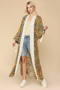 Mix-Printed 100% Rayon Open Front Color Contrast Border Detail Side Slit Tassel Sleeve Detail Kimono (Saffron)