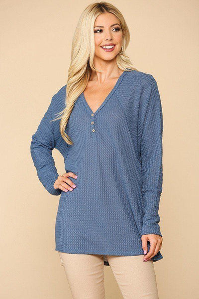 Waffle Knit And Woven Print Mixed Hi Low Flowy Tunic Top