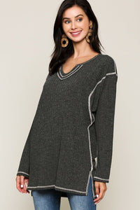 Our Best 70% Rayon 25% Polyester 5% Spandex Two-tone Ribbed Tunic Top With Side Slits Detail (Charcoal)