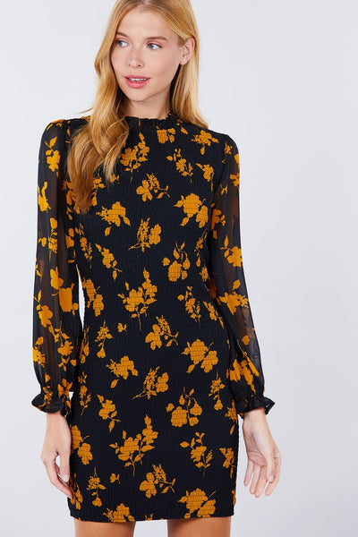 Rhonda Ruffle's 100% Polyester Long Ruffle Sleeve Smocked Print Woven Mini Dress (Black/Mustard)