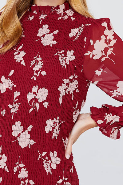 Rhonda Ruffle's 100% Polyester Long Ruffle Sleeve Smocked Print Woven Mini Dress (Burgundy Pink)