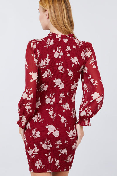 Rhonda Ruffle's 100% Polyester Long Ruffle Sleeve Smocked Print Woven Mini Dress (Burgundy Pink)
