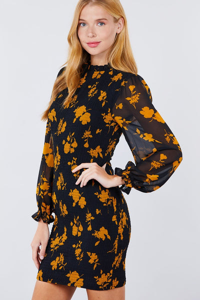 Rhonda Ruffle's 100% Polyester Long Ruffle Sleeve Smocked Print Woven Mini Dress (Black/Mustard)