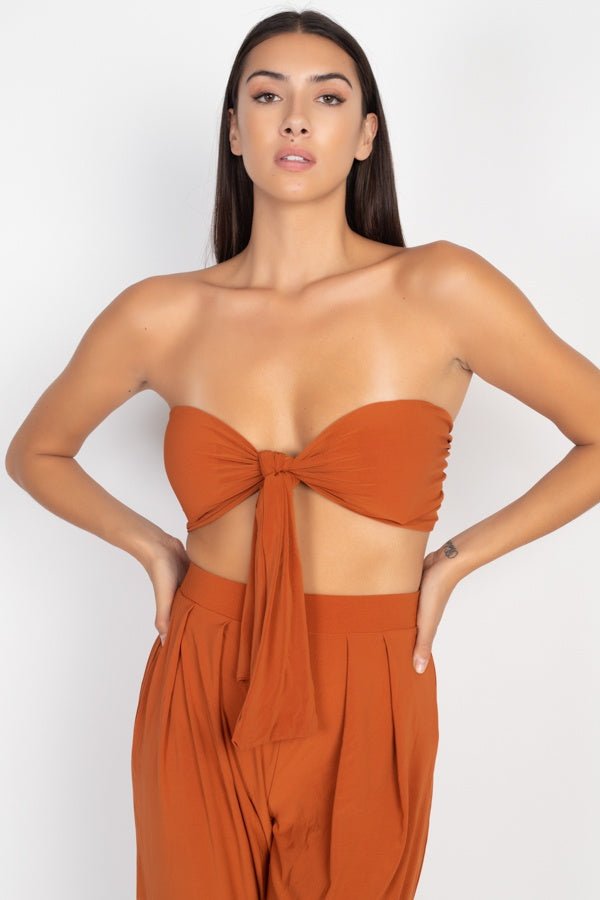 Our Best Polyester Blend Solid Color Knit Top Front Tie Top & Wide Flare Pants Two Piece Set (Rust)