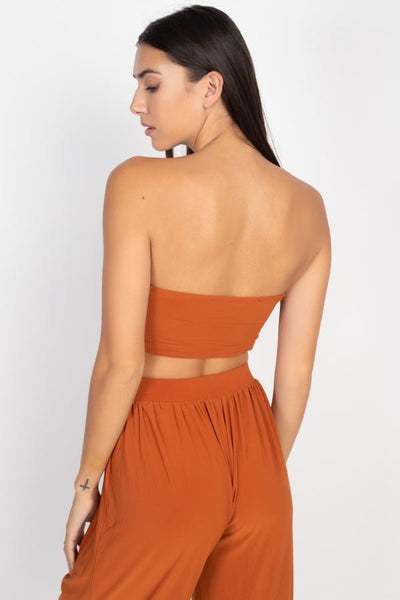 Our Best Polyester Blend Solid Color Knit Top Front Tie Top & Wide Flare Pants Two Piece Set (Rust)