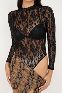 Lynda Lovelace 95% Nylon 5% Spandex Mock Neckline All-Over Floral Mesh & Lace Bodysuit (Black)