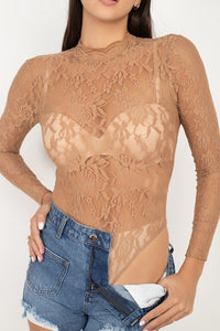 Lynda Lovelace 95% Nylon 5% Spandex Mock Neckline All-Over Floral Mesh & Lace Bodysuit (Nude)