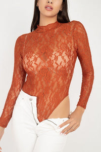 Lynda Lovelace 95% Nylon 5% Spandex Mock Neckline Long Sleeve All-Over Floral Mesh & Lace Bodysuit (Rust)