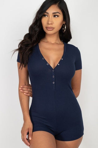 Our Best 92% Polyester 8% Spandex Ribbed Knit Short Sleeve V-neck Solid Color Button Trim Romper (Navy)