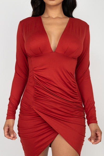 Rhonda Sharonda Polyester/Spandex Blend Stretch Knit Fitted Long Sleeve Deep V-neckline Bodycon Mini Dress (Rust)