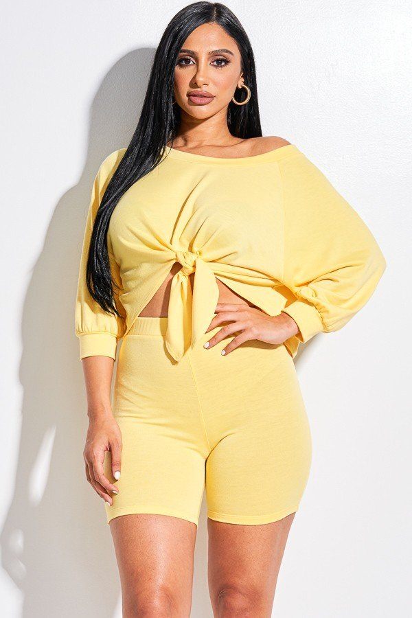 Our Best 96% Polyester 4% Spandex Solid Color French Terry Tie Front Off The Shoulder Slouchy Top And Shorts Two Piece Set (Yellow)