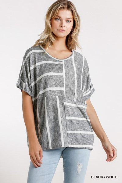 Horizontal And Vertical Striped Short Folded Sleeve Top With High Low Hem
