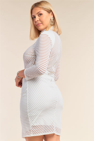 Plus Size Lovely Ladies 95% Polyester 5% Spandex Chevron Print Clubwear Long Sleeve Sheer Bodycon Mini Dress (White)
