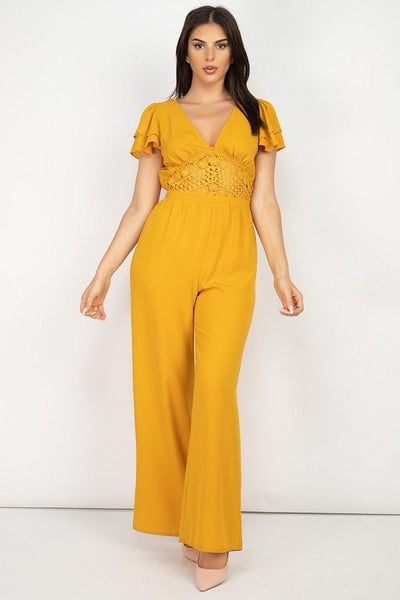 Our Best 100% Polyester Short Ruffle Sleeves Lace Accent Bodice Wide Leg Fit V-Neck Jumpsuit (Mustard)
