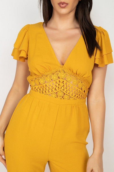 Our Best 100% Polyester Short Ruffle Sleeves Lace Accent Bodice Wide Leg Fit V-Neck Jumpsuit (Mustard)