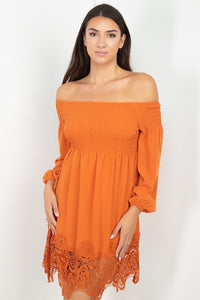 Our Best 100% Polyester Smocking Detail Ruffled Off Shoulder Long Sleeve Lace Ruffled Top Mini Dress (Light Rust)