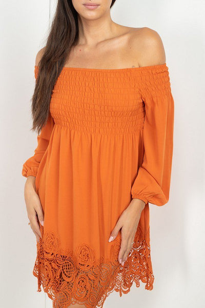 Our Best 100% Polyester Smocking Detail Ruffled Off Shoulder Long Sleeve Lace Ruffled Top Mini Dress (Light Rust)