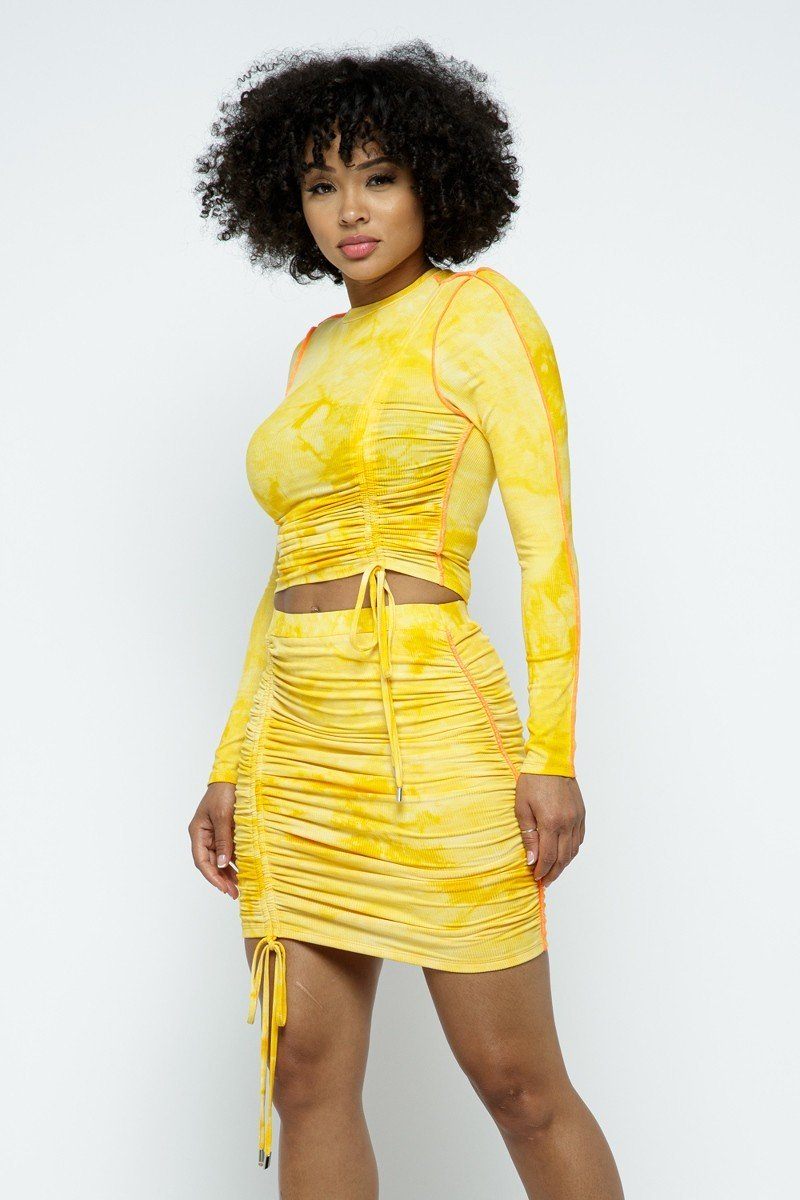 Roxanne Rocks 96% Cotton 4% Spandex Tie Dyed Mock Neck Long-Sleeve Crop Top High-Waist Ruched Mini Skirt Set (Yellow Combo)