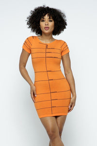 Roxanne Rocks Viscose Blend Lettering Details Body Sculpting Bodycon Knit Mini Dress (Orange)