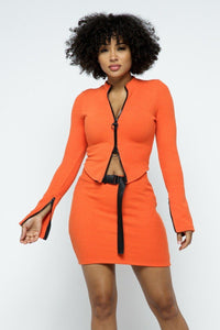 Roxanne Rocks Rayon Blend 2-Way Front Zip Detail Long Sleeve Crop Top High-Waist Two Piece Mini Skirt Set (Orange)