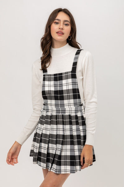 Our Best Woven 65% Rayon 35% Polyester 5% Spandex Stretch Plaid Pleated Skirtall (Black)