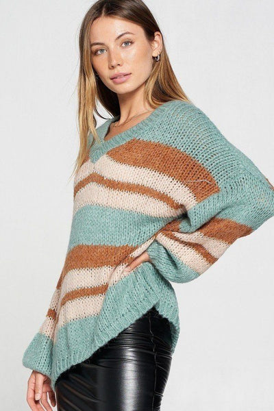 Savannah Susanna Acrylic Blend V-neckline Cozy Thick Knit Stripe Detail Pullover Sweater (Sage)