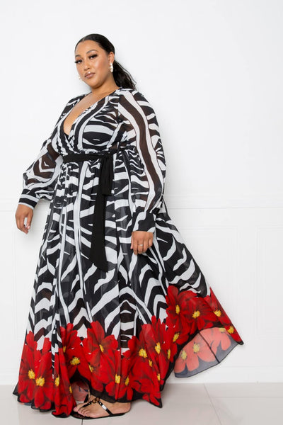 Plus Size Lovely Ladies 95% Polyester 5% Spandex Floral-Multi Zebra Print Maxi Dress (Floral Multi)