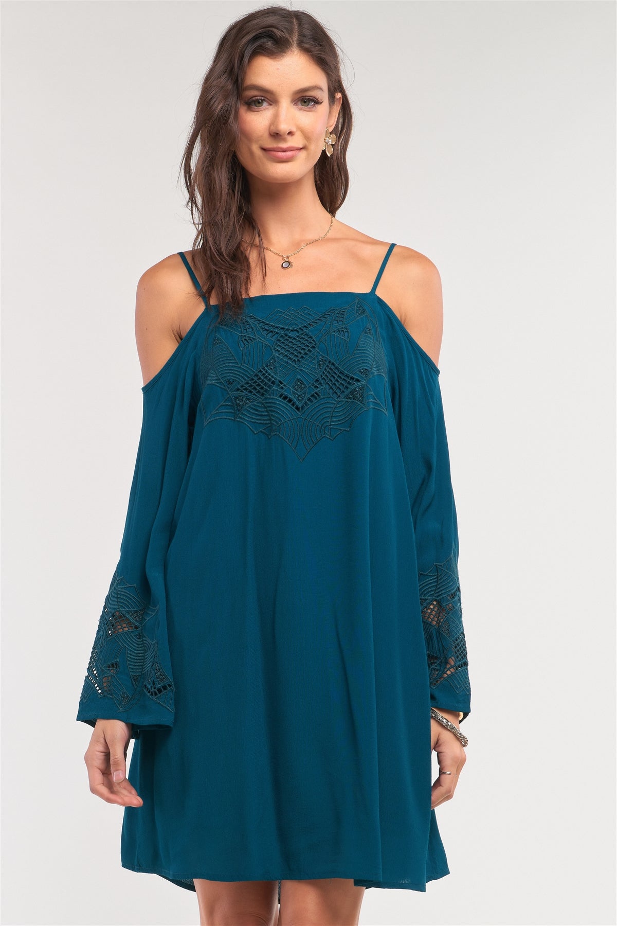 Our Best 100% Rayon Off-The-Shoulder Flare Long Sleeve Square Neck Crochet Embroidery Mini Dress (Teal Green)