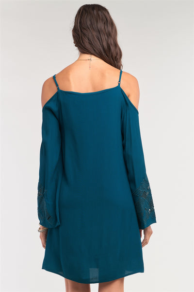 Our Best 100% Rayon Off-The-Shoulder Flare Long Sleeve Square Neck Crochet Embroidery Mini Dress (Teal Green)