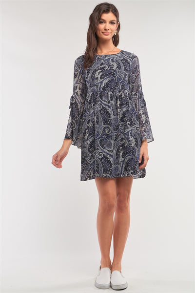 Flora Floral 100% Polyester Multicolor Paisley Print Loose Fit Trumpet Sleeve Self-tie Detail Mini Dress (Navy)