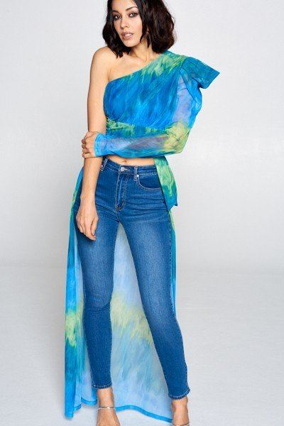 Our Best 96% Polyester 4% Spandex Tie Dye One Shoulder Long Train Crop Top (Blue Green)