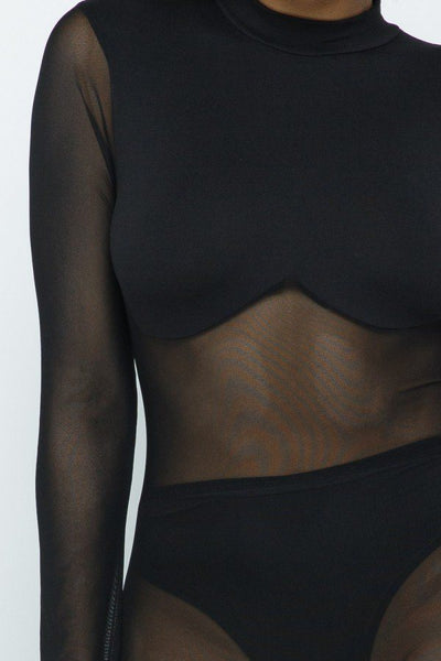 Roxanne Rocks Polyester Blend Mesh Mock Neck Body Sculpting Jumpsuit (Black)