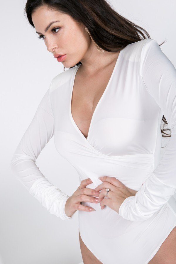 Our Best 90% Polyester 10% Spandex Long Sleeve Shirred Detail Surplice Bodysuit (Ivory)