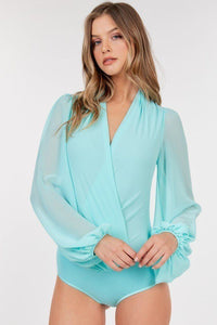 Our Best 100% Polyester Long Puff Sleeve Surplice Sheer Chiffon Bodysuit (Mint)