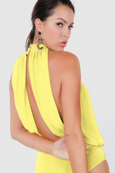 Our Best 100% Polyester Draped Split Back Halter Neck Sleeveless Sheer Bodysuit (Lemon)
