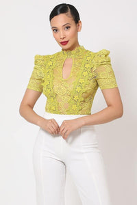 Our Best 95% Polyester 5% Spandex Ruched Detail Lace Bodysuit w/Front Key Hole Opening Detail (Lime)
