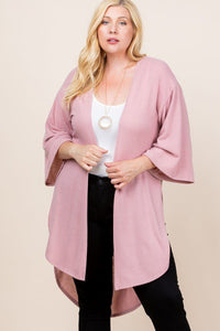 Plus Size Solid Hacci Brush Open Front Long Cardigan With Bell Sleeves