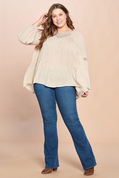 Plus Size Lovely Ladies 70% Cotton 30% Linen Solid Color Long Sleeve Woven Loose-fit Embroidered Tunic Top (Taupe)