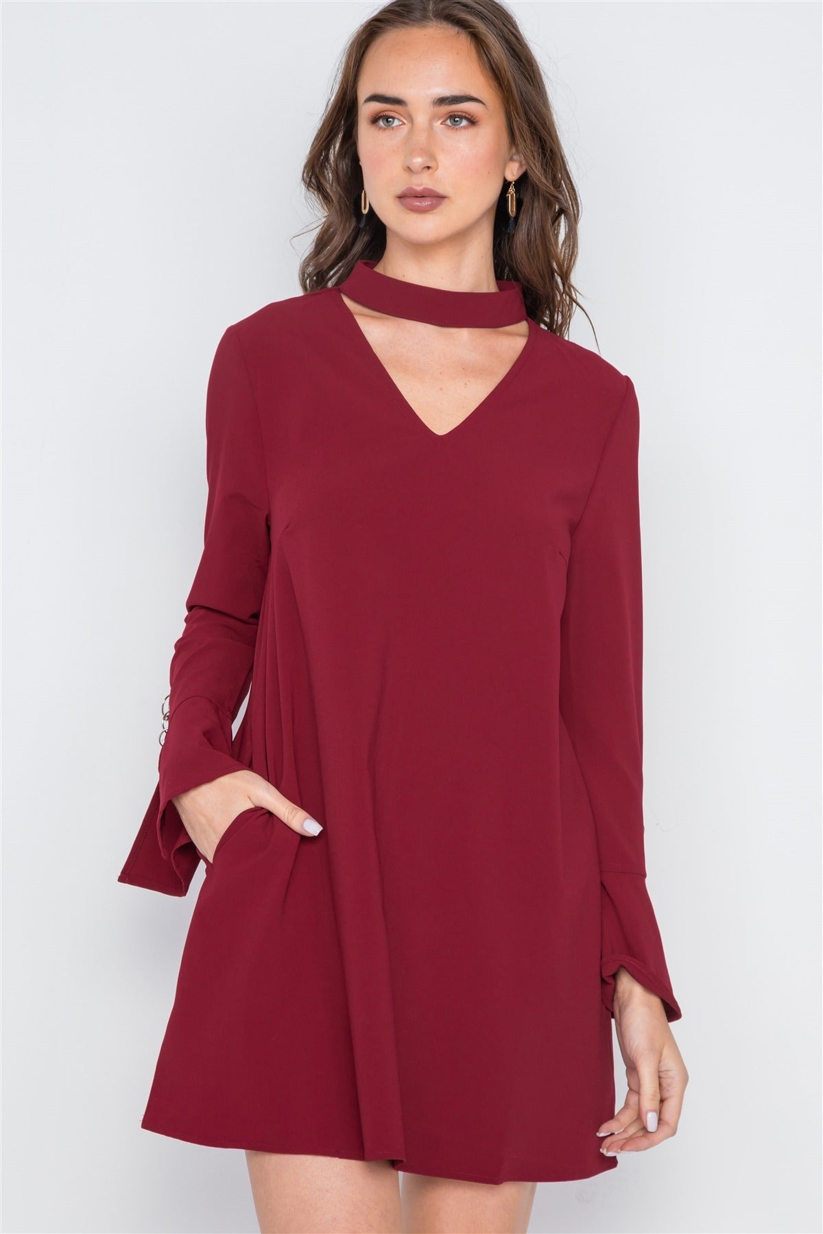 Our Best 100% Polyester Long Sleeve V-cut Out Side Pockets Solid Color Mini Dress (Wine)