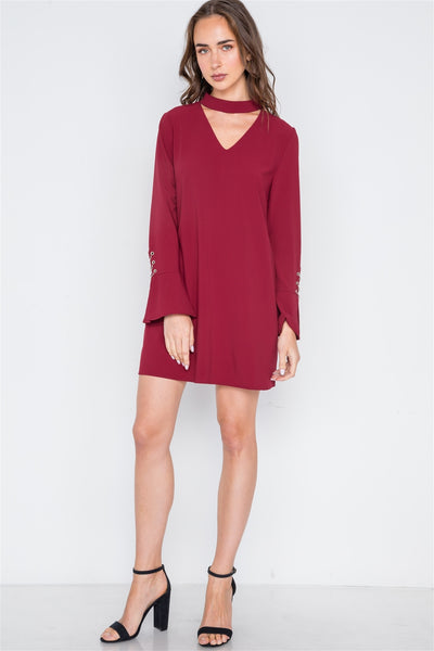 Our Best 100% Polyester Long Sleeve V-cut Out Side Pockets Solid Color Mini Dress (Wine)