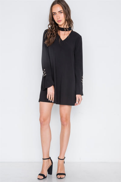 Our Best 100% Polyester Long Sleeve V-cut Out Side Pockets Solid Color Mini Dress (Black)