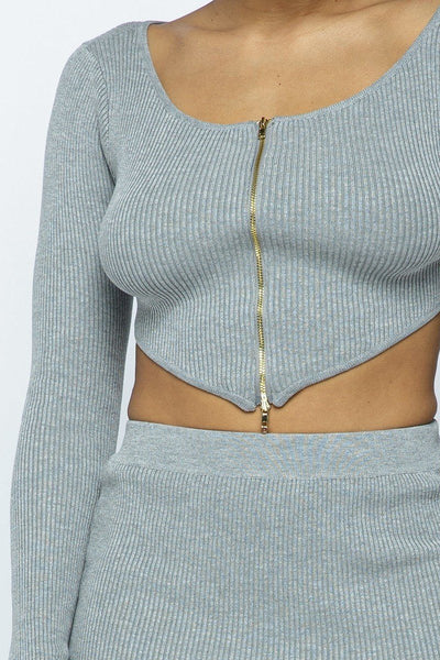 Roxanne Rocks Rayon Blend 2-Way Front Zip Detail Long Sleeve Crop Top High-Waist Two Piece Mini Skirt Set (Grey)