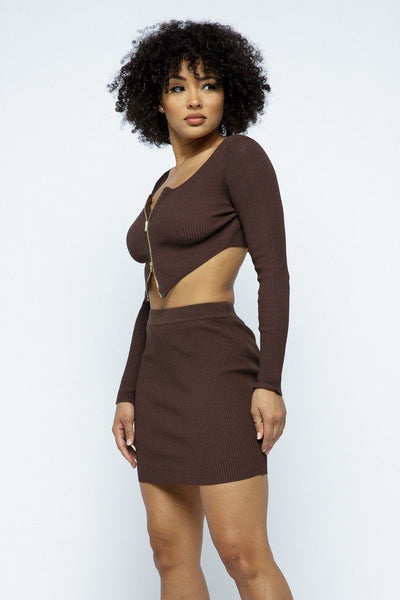 Roxanne Rocks Rayon Blend 2-Way Front Zip Detail Long Sleeve Crop Top High-Waist Two Piece Mini Skirt Set (Brown)