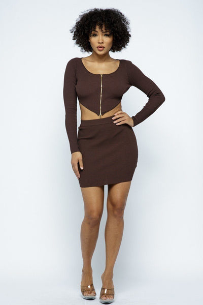 Roxanne Rocks Rayon Blend 2-Way Front Zip Detail Long Sleeve Crop Top High-Waist Two Piece Mini Skirt Set (Brown)