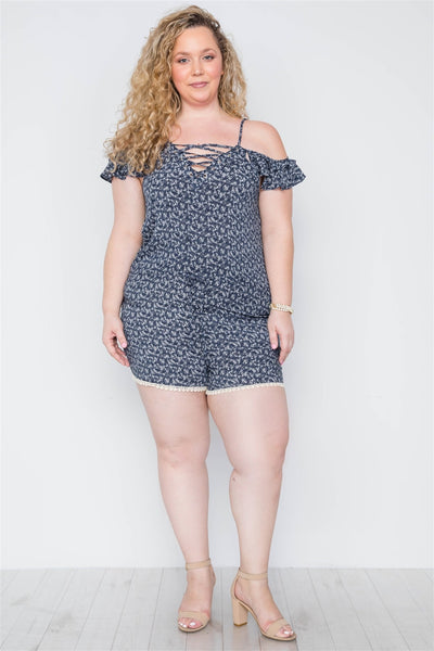 Plus Size Lovely Ladies 55% Cotton 45% Rayon Navy Floral Print Ruffle Trim Lace Up Romper (Navy)