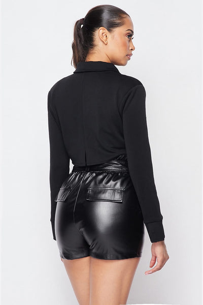 Our Best 95% Polyester 5% Spandex Deep-v Cropped Power Shoulder Long Sleeve Blazer Bodysuit (Black)