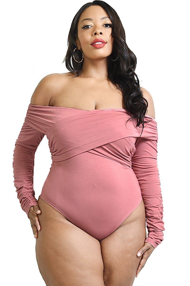 Plus Size Lovely Ladies 95% Polyester 5% Spandex Solid Cross Wrapped Long Sleeve Bodysuit (Mauve)