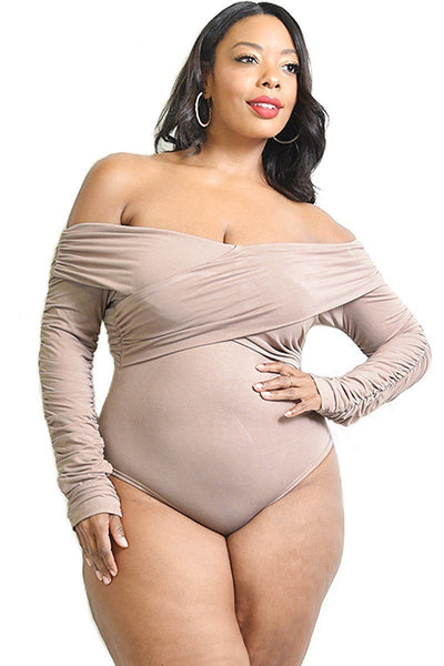 Plus Size Lovely Ladies 95% Polyester 5% Spandex Solid Cross Wrapped Long Sleeve Bodysuit (Taupe)